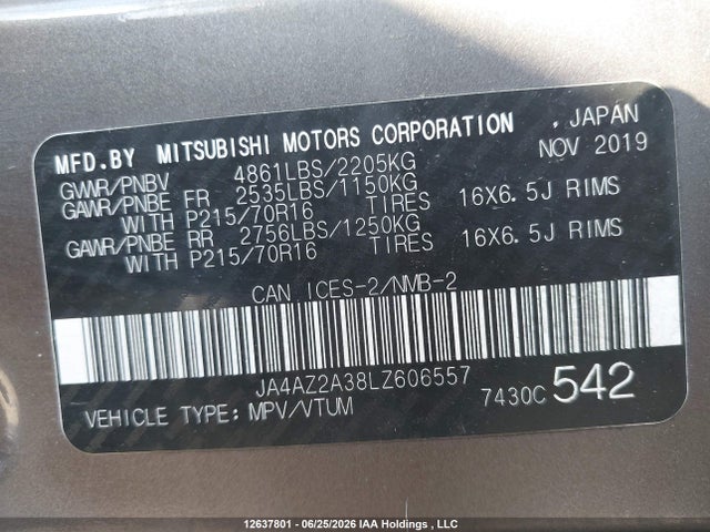 2020 Mitsubishi Outlander Es/ex/ex-l მანქანა იყიდება აუქციონზე, vin: JA4AZ2A38LZ606557, აუქციონის ნომერი: 12637801