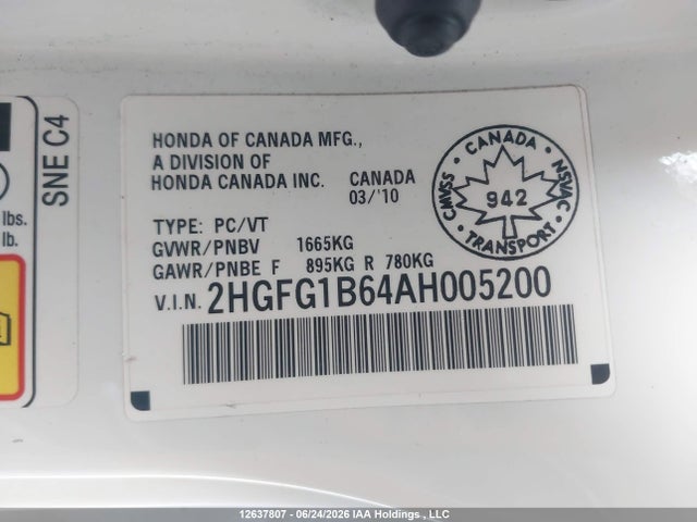 2010 Honda Civic Lx მანქანა იყიდება აუქციონზე, vin: 2HGFG1B64AH005200, აუქციონის ნომერი: 12637807
