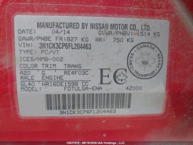 Aukcja sprzedaży 2015 Nissan Micra, vin: 3N1CK3CP6FL204463, numer aukcji: 12637810