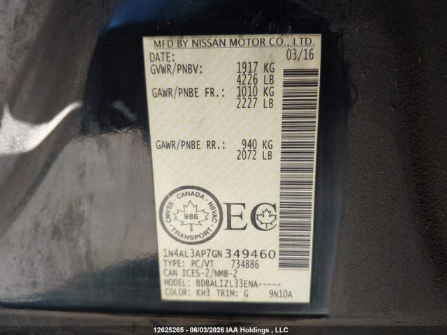 Продаж на аукціоні авто 2016 Nissan Altima 2.5/2.5 S/2.5 Sl Tech/2.5 Sr/2.5 Sv, vin: 1N4AL3AP7GN349460, номер лоту: 12625265