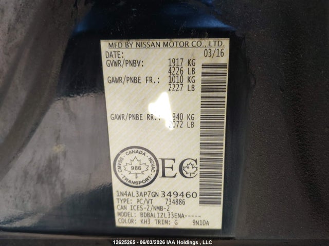 Продаж на аукціоні авто 2016 Nissan Altima 2.5/2.5 S/2.5 Sl Tech/2.5 Sr/2.5 Sv, vin: 1N4AL3AP7GN349460, номер лоту: 12625265