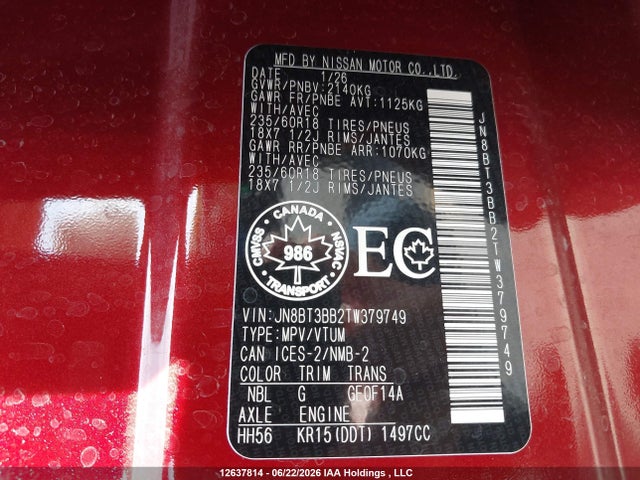 Aukcja sprzedaży 2026 Nissan Rogue Sv, vin: JN8BT3BB2TW379749, numer aukcji: 12637814