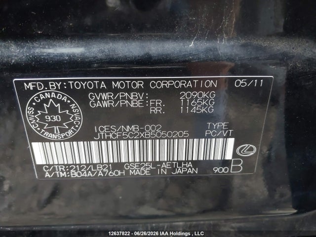 12637822 :رقم المزاد ، JTHCF5C2XB5050205 vin ، 2011 Lexus Is 250 مزاد بيع