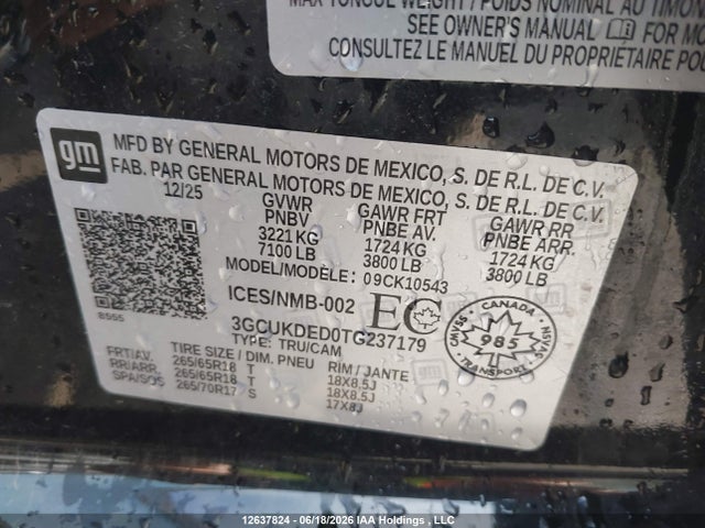 Aukcja sprzedaży 2026 Chevrolet Silverado K1500 Lt, vin: 3GCUKDED0TG237179, numer aukcji: 12637824