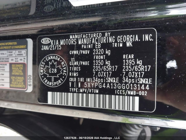 2016 Kia Sorento Lx/l მანქანა იყიდება აუქციონზე, vin: 5XYPG4A13GG013144, აუქციონის ნომერი: 12637826