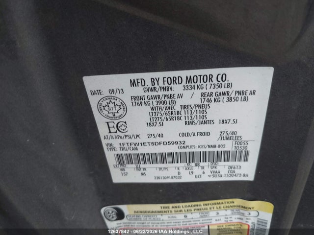 12637842 :رقم المزاد ، 1FTFW1ET5DFD59932 vin ، 2013 Ford F-150 مزاد بيع