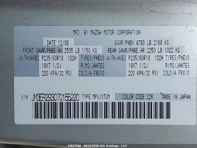 Aukcja sprzedaży 2007 Mazda Cx-7, vin: JM3ER293070155220, numer aukcji: 12637845