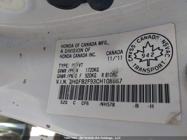 Aukcja sprzedaży 2012 Honda Civic, vin: 2HGFB2F93CH108667, numer aukcji: 12637852
