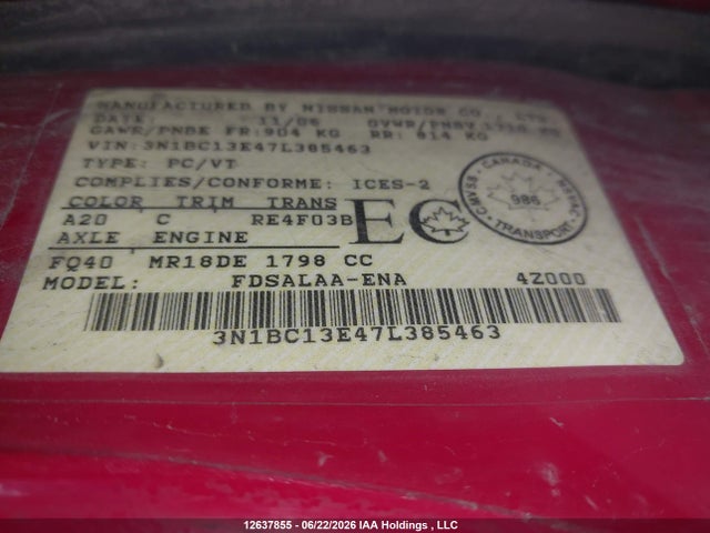 Aukcja sprzedaży 2007 Nissan Versa S/sl, vin: 3N1BC13E47L385463, numer aukcji: 12637855