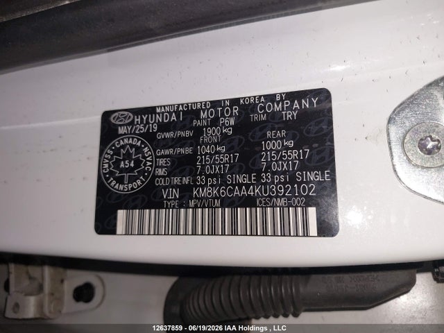 12637859 :رقم المزاد ، KM8K6CAA4KU392102 vin ، 2019 Hyundai Kona 2.0l Luxury مزاد بيع