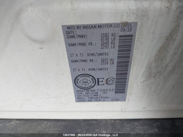 12637860 :رقم المزاد ، 5N1AT2MT8KC710532 vin ، 2019 Nissan Rogue S/sl/sv مزاد بيع
