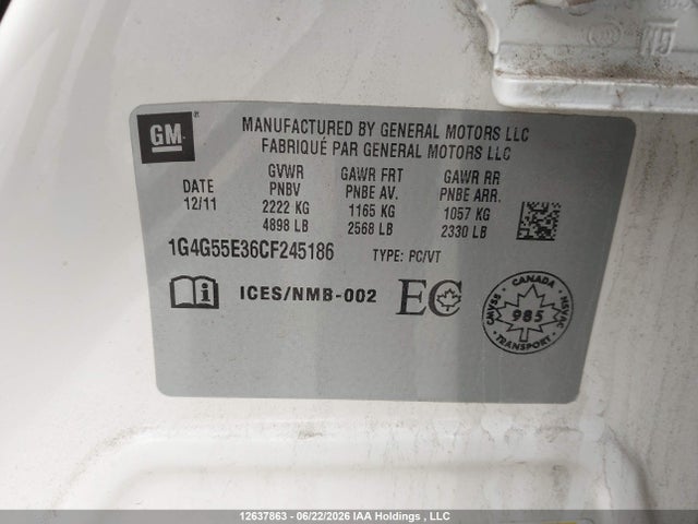 Aukcja sprzedaży 2012 Buick Lacrosse Convenience Group, vin: 1G4G55E36CF245186, numer aukcji: 12637863