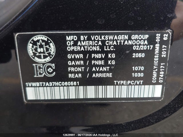 12629991 :رقم المزاد ، 1VWBT7A37HC060561 vin ، 2017 Volkswagen Passat 1.8 Tsi Comfortline مزاد بيع