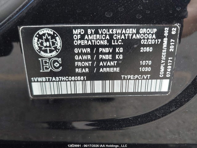 12629991 :رقم المزاد ، 1VWBT7A37HC060561 vin ، 2017 Volkswagen Passat 1.8 Tsi Comfortline مزاد بيع