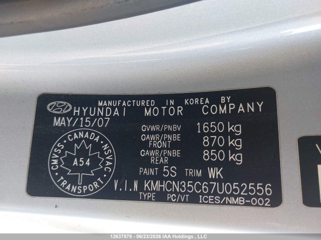 12637878 :رقم المزاد ، KMHCN35C67U052556 vin ، 2007 Hyundai Accent Gs/sr مزاد بيع