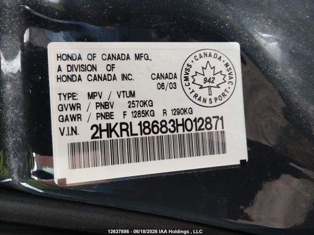 2003 Honda Odyssey Ex მანქანა იყიდება აუქციონზე, vin: 2HKRL18683H012871, აუქციონის ნომერი: 12637886