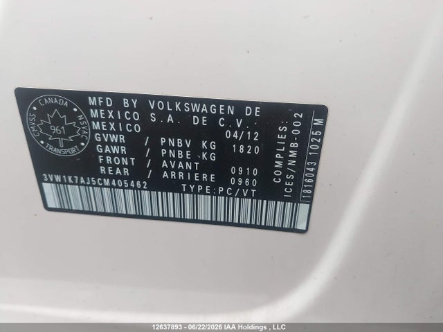 2012 Volkswagen Jetta მანქანა იყიდება აუქციონზე, vin: 3VW1K7AJ5CM405462, აუქციონის ნომერი: 12637893