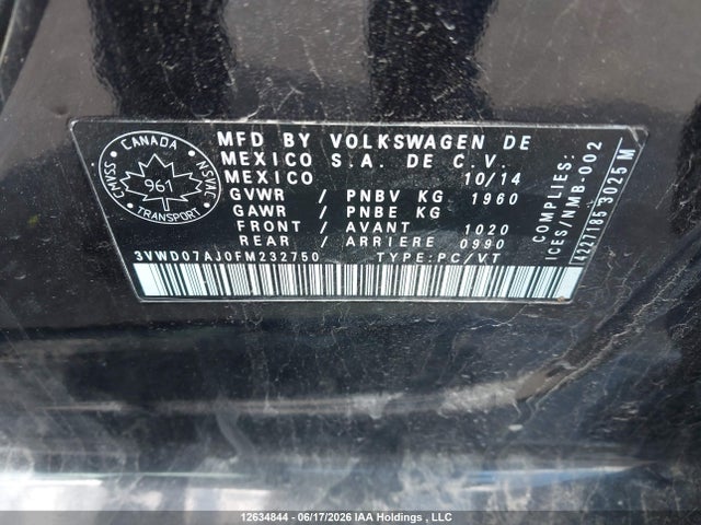 2015 Volkswagen Jetta 1.8 Tsi Comfortline/1.8 Tsi Trendline+ მანქანა იყიდება აუქციონზე, vin: 3VWD07AJ0FM232750, აუქციონის ნომერი: 12634844