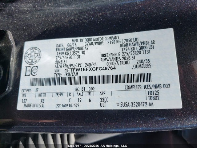 Ford F150 Supercrew 2016 1FTFW1EFXGFC49764 Image 9