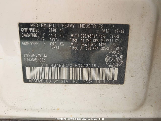 12624024 :رقم المزاد ، 4S4BSCAC5H3223315 vin ، 2017 Subaru Outback 2.5i مزاد بيع