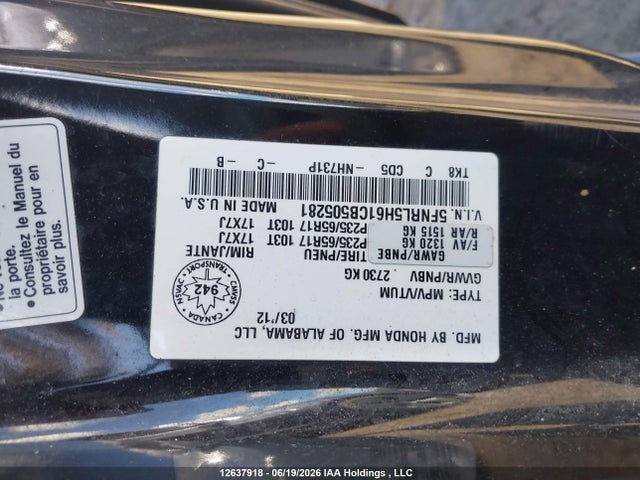 2012 Honda Odyssey Ex-l მანქანა იყიდება აუქციონზე, vin: 5FNRL5H61CB505281, აუქციონის ნომერი: 12637918