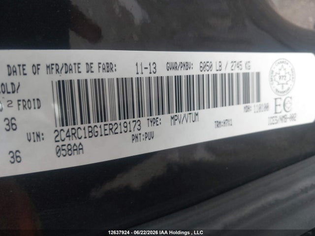 2014 Chrysler Town & Country Touring მანქანა იყიდება აუქციონზე, vin: 2C4RC1BG1ER219173, აუქციონის ნომერი: 12637924