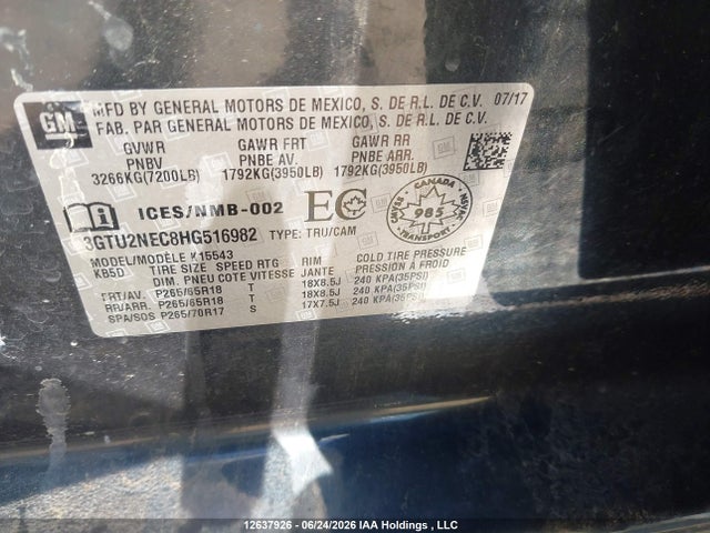 12637926 :رقم المزاد ، 3GTU2NEC8HG516982 vin ، 2017 Gmc Sierra 1500 Slt مزاد بيع