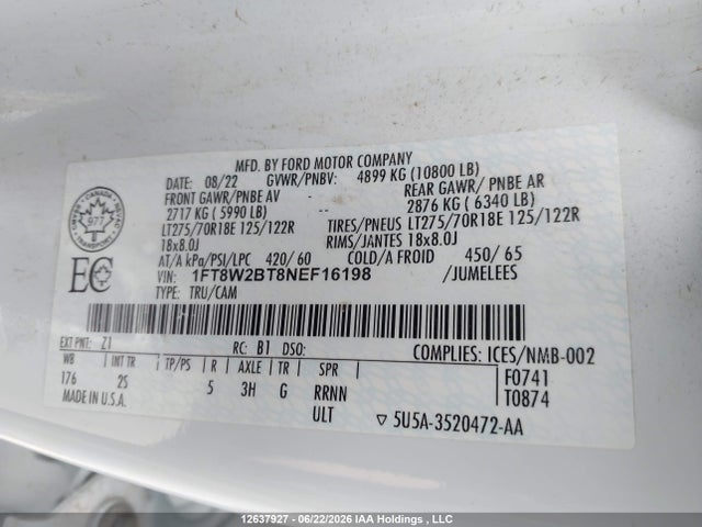 12637927 :رقم المزاد ، 1FT8W2BT8NEF16198 vin ، 2022 Ford F250 Super Duty مزاد بيع