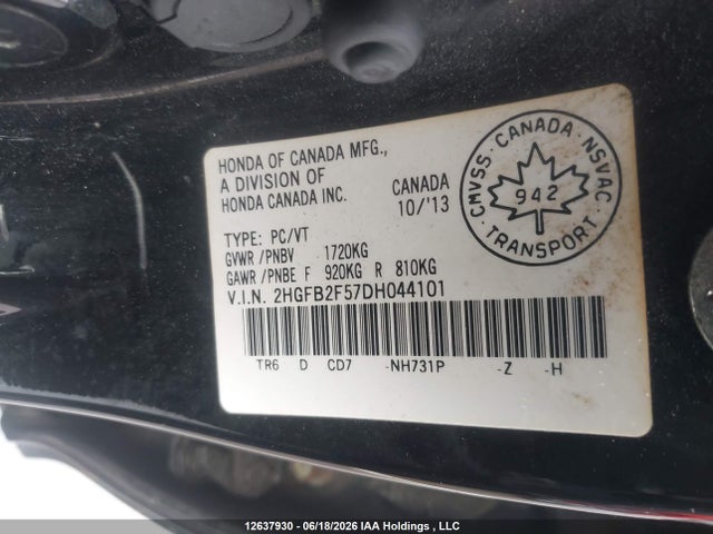 2013 Honda Civic Ex 4dr მანქანა იყიდება აუქციონზე, vin: 2HGFB2F57DH044101, აუქციონის ნომერი: 12637930