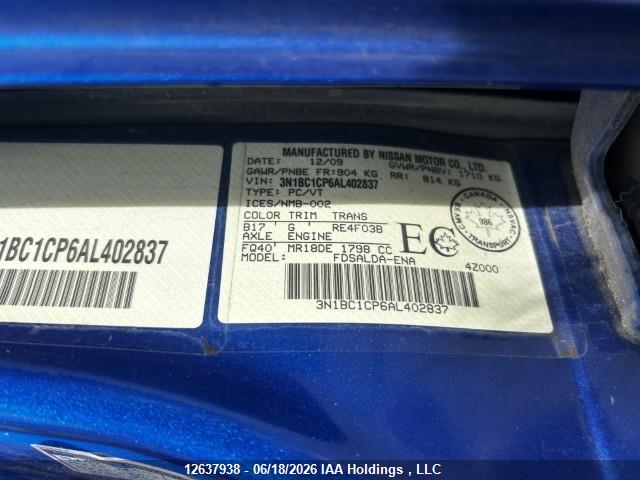 2010 Nissan Versa S/sl მანქანა იყიდება აუქციონზე, vin: 3N1BC1CPSAL402837, აუქციონის ნომერი: 12637938