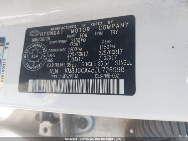 12637941 :رقم المزاد ، KM8J3CA48JU726998 vin ، 2018 Hyundai Tucson Se 2.0l مزاد بيع
