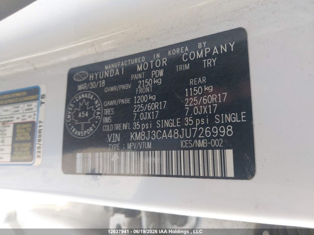 12637941 :رقم المزاد ، KM8J3CA48JU726998 vin ، 2018 Hyundai Tucson Se 2.0l مزاد بيع