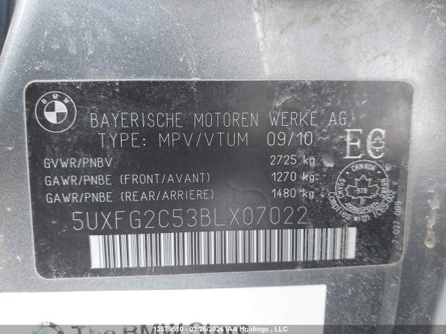 12579510 :رقم المزاد ، 5UXFG2C53BLX07022 vin ، 2011 Bmw X6 Xdrive35i مزاد بيع