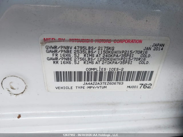 Aukcja sprzedaży 2014 Mitsubishi Outlander Es, vin: JA4AZ2A37EZ606763, numer aukcji: 12637952