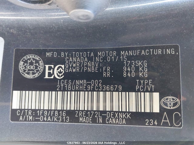 Toyota COROLLA LE 2015 2T1BURHE9FC336679 Image 9