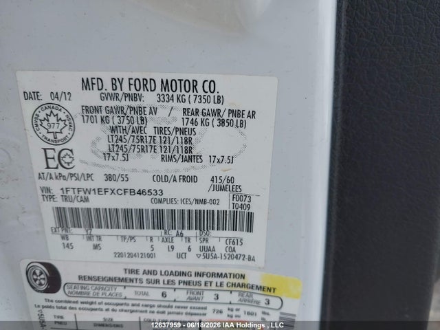 12637959 :رقم المزاد ، 1FTFW1EFXCFB46533 vin ، 2012 Ford F-150 Fx4/king Ranch/lariat/platinum/xlt مزاد بيع