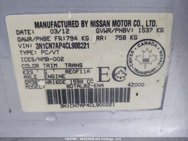 Продажа на аукционе авто 2012 Nissan Versa S/sv/sl, vin: 3N1CN7AP4CL900221, номер лота: 12637961