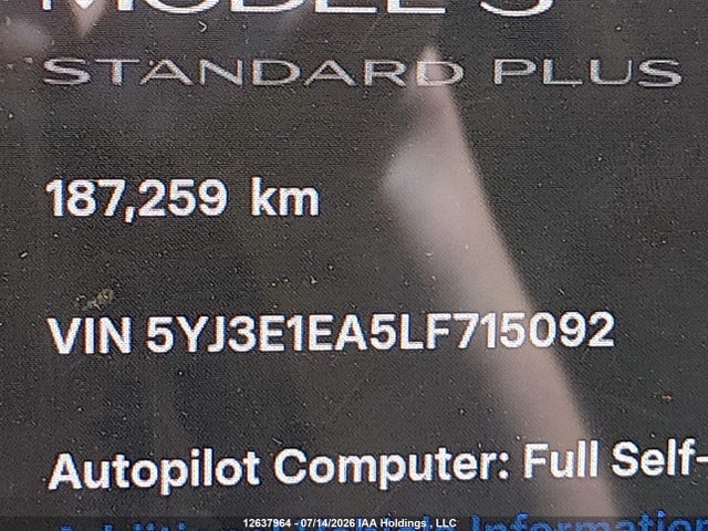 Продажа на аукционе авто 2020 Tesla Model 3 Standard Range Plus, vin: 5YJ3E1EA5LF715092, номер лота: 12637964