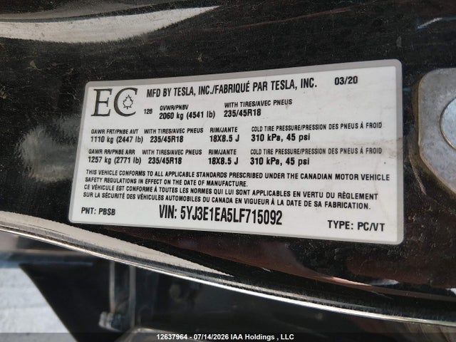 Продажа на аукционе авто 2020 Tesla Model 3 Standard Range Plus, vin: 5YJ3E1EA5LF715092, номер лота: 12637964