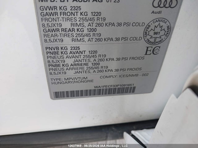 12637969 :رقم المزاد ، WA1FECF33P1091651 vin ، 2023 Audi Q3 مزاد بيع