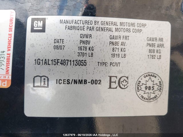 Продажа на аукционе авто 2008 Chevrolet Cobalt Lt, vin: 1G1AL15F487113055, номер лота: 12637979