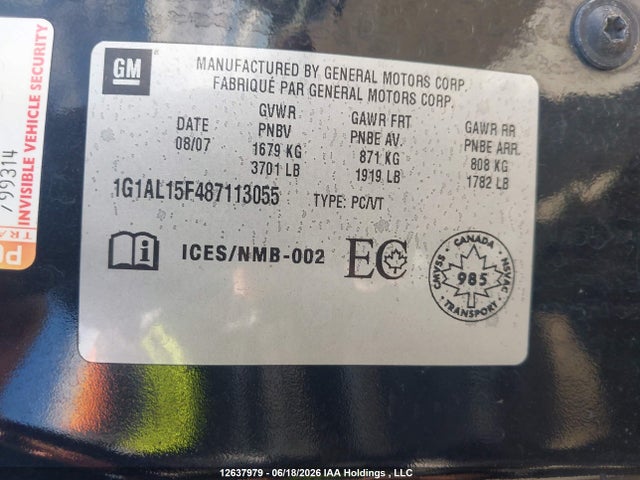 Продажа на аукционе авто 2008 Chevrolet Cobalt Lt, vin: 1G1AL15F487113055, номер лота: 12637979