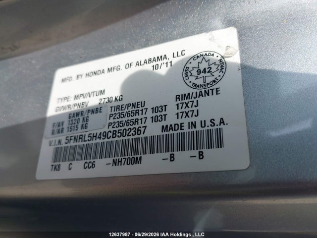 2012 Honda Odyssey მანქანა იყიდება აუქციონზე, vin: 5FNRL5H49CB502367, აუქციონის ნომერი: 12637987