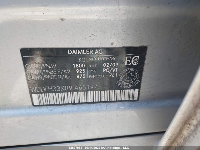 2009 Mercedes-benz B200 მანქანა იყიდება აუქციონზე, vin: WDDFH33X89J465197, აუქციონის ნომერი: 12637988