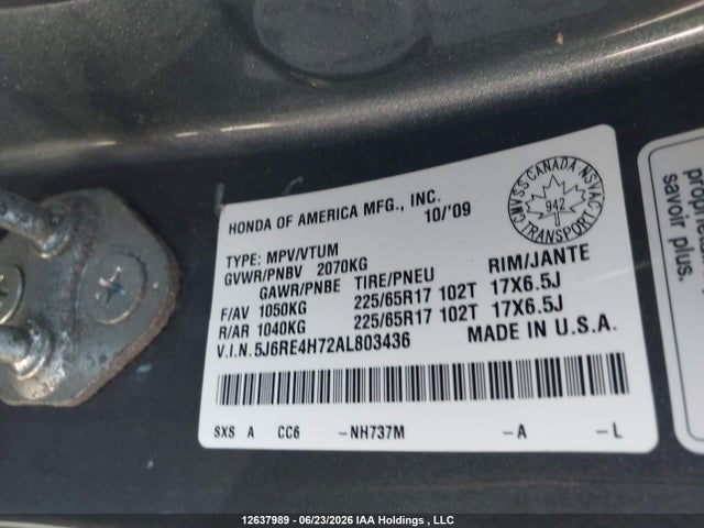 Aukcja sprzedaży 2010 Honda Cr-v Exl, vin: 5J6RE4H72AL803436, numer aukcji: 12637989