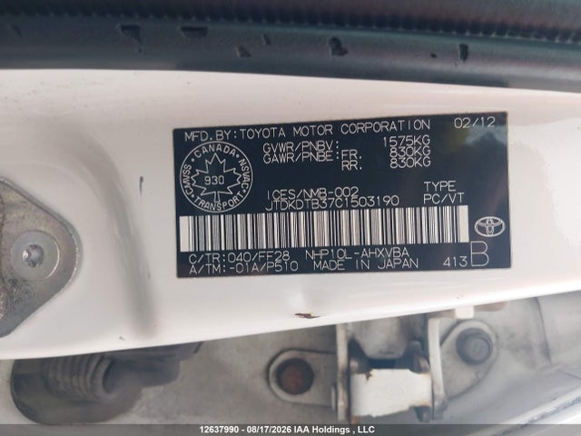 Продаж на аукціоні авто 2012 Toyota Prius C Technology, vin: JTDKDTB37C1503190, номер лоту: 12637990