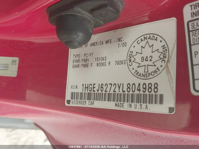 Aukcja sprzedaży 2000 Honda Civic Lx/se, vin: 1HGEJ6272YL804988, numer aukcji: 12637991