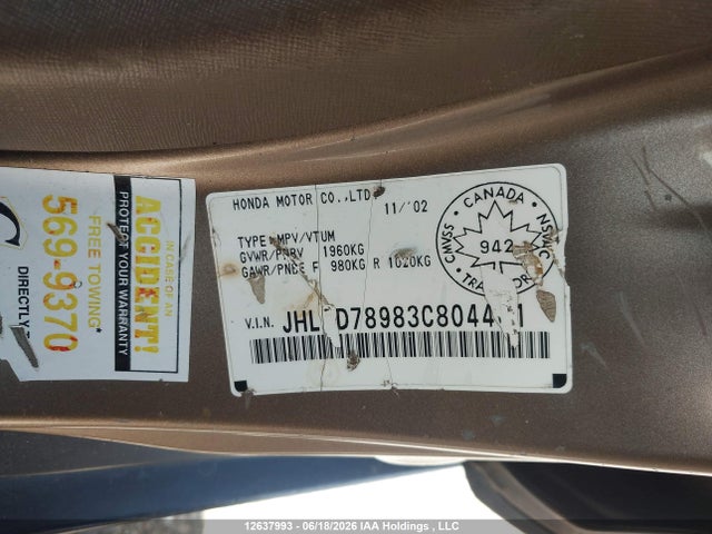 12637993 :رقم المزاد ، JHLRD78983C804401 vin ، 2003 Honda Cr-v Ex مزاد بيع