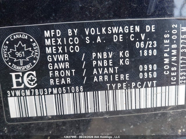 12637995 :رقم المزاد ، 3VWGM7BU3PM051086 vin ، 2023 Volkswagen Jetta Sel مزاد بيع