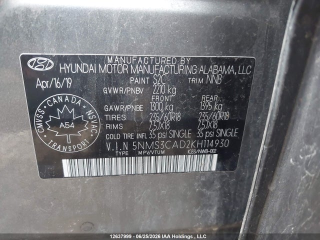 Aukcja sprzedaży 2019 Hyundai Santa Fe Preferred 2.4, vin: 5NMS3CAD2KH114930, numer aukcji: 12637999